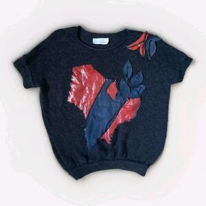 Vtg 1980s Leather Suede Sequence Applique Short Sleeve Sweater Black Red Gray